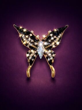 Bag Charm Enamel Crystal Butterfly Brooch Gold Tone Rhinestone Statement Pin